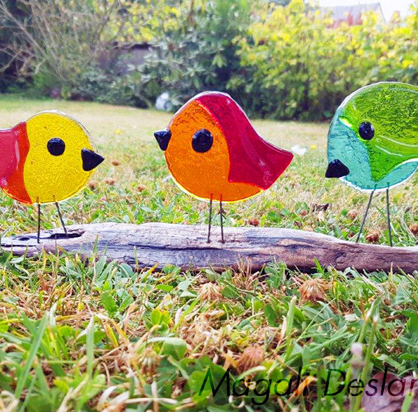 Branche 3 oiseaux - 33x13cm - Bois et verre - 50€