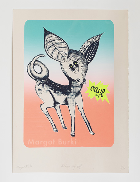 Margot BURKI - Bichien Ouaf Ouaf - Sérigraphie 3 couleurs sur papier fabriano ivoire - 220gm2 - 50x35cm - 90€