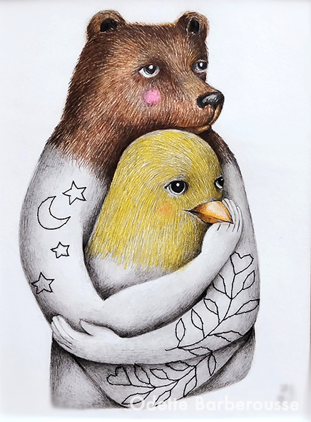 Odette Barberousse - Calin ours et canari - Crayon, crayons de couleur et broderie sur papier - 21x30cm - 120€