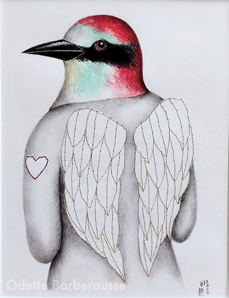 Odette Barberousse - Oiseau aux ailes dorées - Crayon, crayons de couleur et broderie sur papier - 21x30cm - 120€