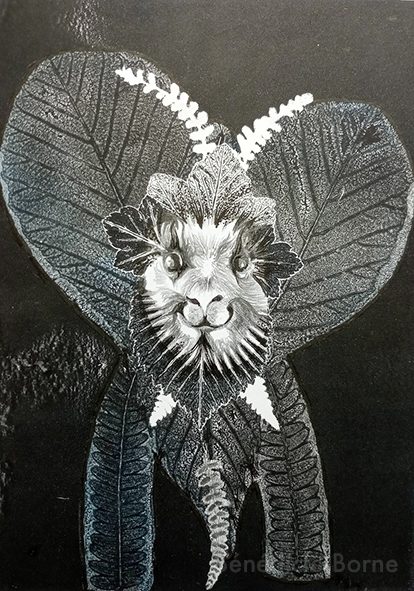 Bénédicte BORNE - Chimère végétale 2 bis - Empreintes de feuilles sous presse et dessin au crayon - 14,8 x 21cm - 72€