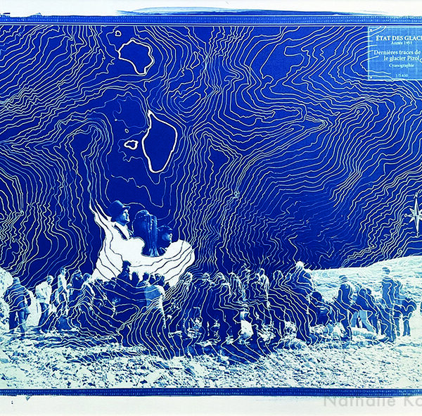 Nathalie Kopp - Dernière trace de feu le glacier Pizol - Cyanotype, dessin/photo, encradré verre musée - 54x66cm - 2023 - 1000€