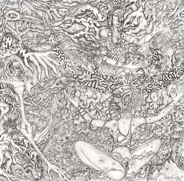 Stephanie Sautenet - Derrière l'oiseau squelette - Dessin encre et crayons de couleur - 35x56cm (54x74cm encadré) - 2023 - 900€